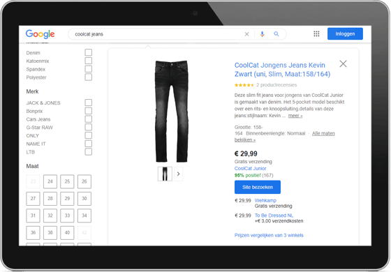Google Shopping resultaat voor Coolcat Jeans laat verzamelde sterren zien